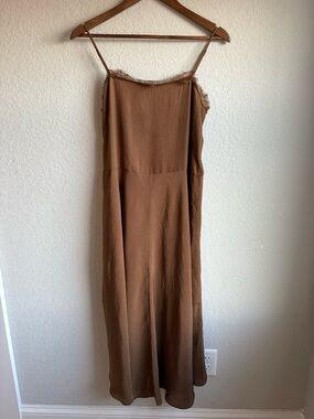 Vince Brown Slip Midi Dress with Lace Trim minimalist